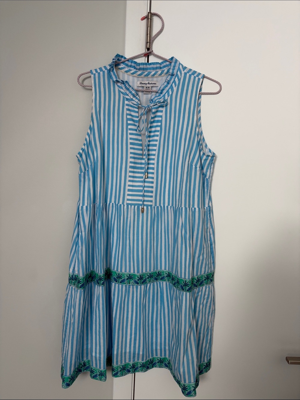 Tommy Bahama Blue and White Striped Sleeveless Tiered Dress with Green Palm Trim